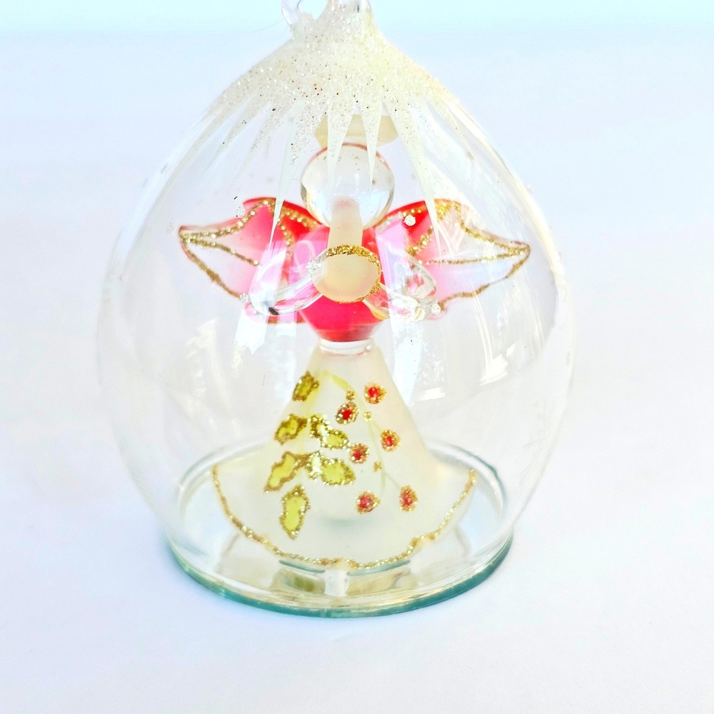 Vintage Glass Angel in Cloche Ornament Red Wings Gold Glitter Christmas Decor